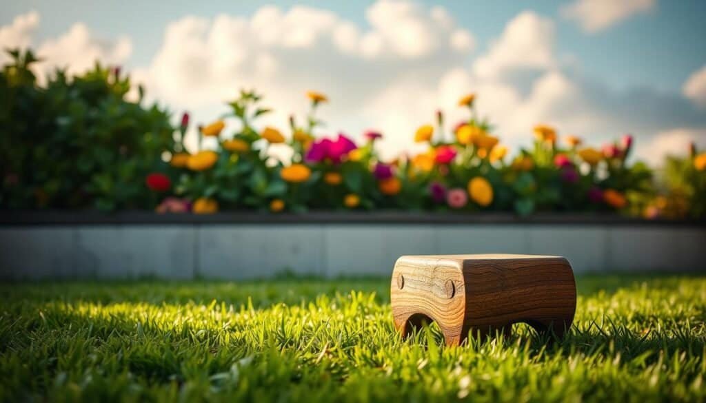 A small, intricately crafted wooden accent piece, such as a rustic side table or a decorative planter, placed on a vibrant green lawn. The foreground features the wooden accent highlighted in soft, natural light, showcasing its grain and texture. In the middle, a variety of colorful flowering plants bloom around the accent, adding warmth and life to the scene. The background reveals a serene sky with soft, fluffy clouds, suggesting a pleasant day. The overall atmosphere is inviting and calming, perfect for an outdoor retreat. Use a shallow depth of field to blur the background slightly, drawing attention to the wooden accent.