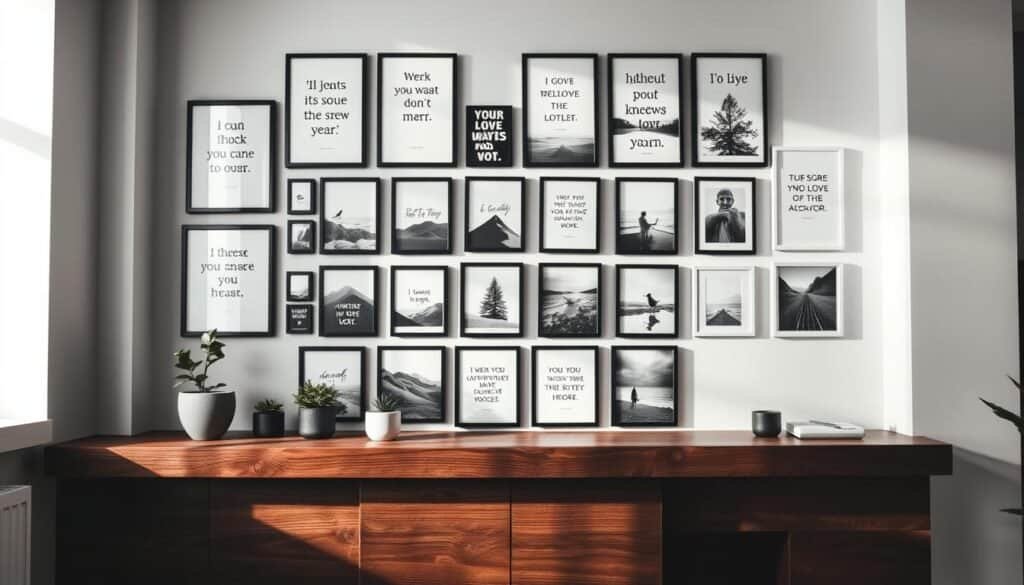 A sophisticated black and white photo wall showcasing an array of framed motivational quotes and nature prints. In the foreground, a rich, textured wooden shelf holds a few small potted plants and minimalist decorative items, creating a cozy ambiance. The middle layer features an assortment of framed photographs hung in an artistic grid pattern, varying in sizes and styles, with vintage black and white images that evoke inspiration and serenity. The background consists of a softly lit room, with gentle shadows enhancing the depth of the space. The lighting is warm yet subtle, providing a calm atmosphere. The overall mood is inviting and creative, perfect for a motivation corner in a home. The image is free of text, words, or watermarks, focusing purely on the aesthetic of the photo wall.