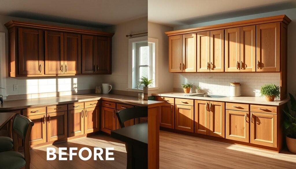 A split-image composition showcasing wooden cabinets before and after a makeover. On the left, the "before" side features dated, dark-stained cabinets with visible wear, dimly lit with soft morning light casting gentle shadows. The right "after" side reveals beautifully refinished natural wood cabinets with a warm honey finish, exuding a fresh, inviting glow under bright, cheerful lighting. The cabinets are adorned with sleek, modern hardware. Capture subtle details like the wood grain and natural knots. The kitchen setting is cozy, with a hint of greenery from potted plants in the background. Use a slight overhead angle to create depth, emphasizing the transformation while maintaining a harmonious and uplifting atmosphere. No text, logos, or watermarks in the image.