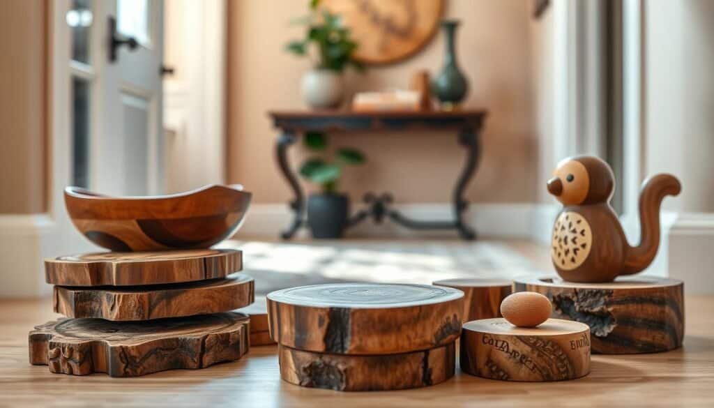 A stylish arrangement of small wooden accent pieces, including intricately carved coasters, a decorative bowl made from reclaimed wood, and a charming hand-painted figurine, is the focal point in the foreground. The pieces exhibit rich textures and warm, natural wood tones. In the middle ground, a soft, neutral-toned entryway setting is visible, featuring a subtle hint of a potted green plant and an elegant console table, which enhances the cozy atmosphere. In the background, a muted, warm tone wall softly contrasts with the wooden elements, hinting at a homey vibe. Soft, diffused daylight streams in, casting gentle shadows and highlighting the grains and details of the wood. The mood is inviting and revitalizing, perfect for illustrating the impact of small wooden accents in enhancing an entryway.