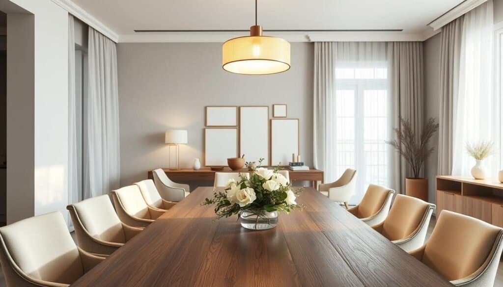 A stylish dining area designed in neutral tones, featuring a large wooden dining table with elegant chairs upholstered in soft beige fabric. In the foreground, a tasteful centerpiece of white flowers and subtle greenery sits on the table. The middle ground showcases a modern pendant light hanging above the table, casting warm, inviting illumination. The background reveals a softly textured wall in a light gray hue with minimalistic art pieces that enhance the serene atmosphere. Natural light streams in through large windows dressed in sheer, flowing curtains, creating a tranquil and airy feel. The overall mood of the scene is calm and sophisticated, perfect for showcasing modern home decor with elegance and simplicity.