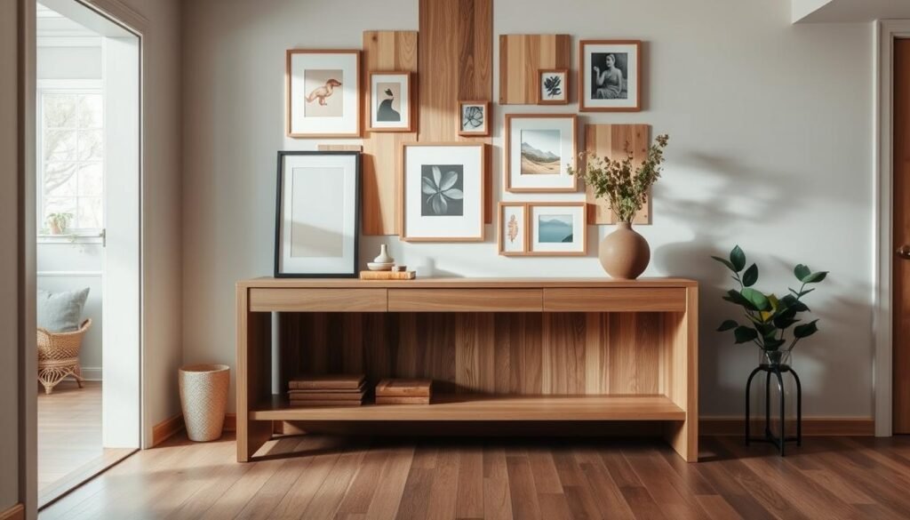 A stylish entryway art wall featuring a gentle wood accent, designed to evoke warmth and serenity. In the foreground, showcase a beautiful console table made of light oak, adorned with minimalist decor: a small potted plant, an elegant vase, and a framed piece of art with soft colors. The middle ground reveals an eye-catching art wall composed of an eclectic mix of framed pictures and natural wood panels in various tones, harmonizing with the overall aesthetic. In the background, subtle natural light filters in from a window, casting soft shadows that enhance the textures of wood and art. Capture this scene with a warm, inviting atmosphere, using a wide-angle lens to emphasize depth.