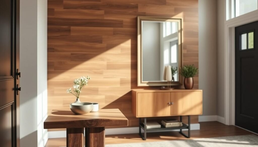 A stylish entryway showcasing budget-friendly wood accent ideas that exude an upscale feel. In the foreground, feature a chic console table made from reclaimed wood, adorned with minimalist décor items like a small potted plant and a decorative bowl. The middle layer should include a wall with elegant wood paneling that enhances the space, complemented by a large framed mirror reflecting the warm natural light. In the background, an inviting, softly lit ambiance enhances the scene, with neutral-toned walls that provide contrast to the wood accents. Use natural lighting to create a cozy atmosphere, captured from a slightly angled perspective to highlight the depth and texture of the wooden elements.