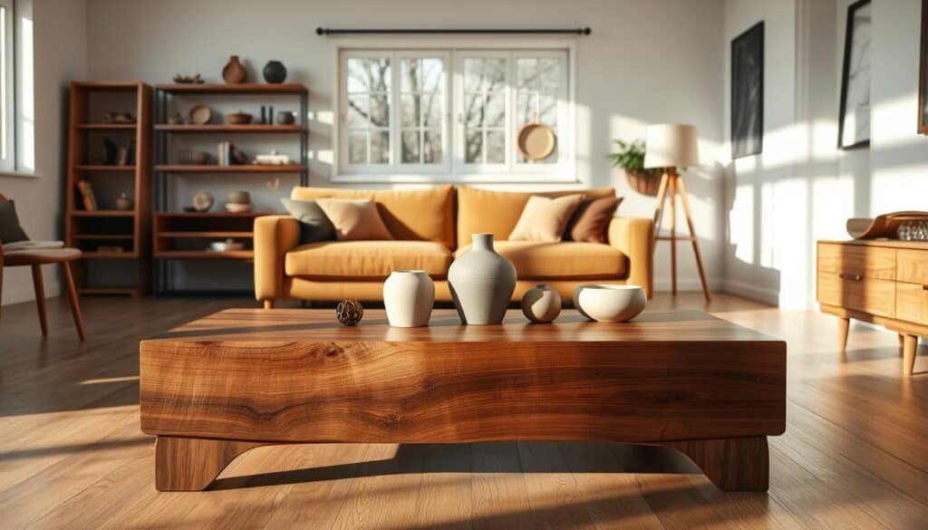 A stylish living room featuring a harmonious blend of wood and other materials. In the foreground, a beautifully crafted wooden coffee table made from rich walnut, adorned with a minimalist ceramic vase and a few elegant decorative items. The middle ground showcases a plush fabric sofa with warm tones, complemented by wood accents, such as a wooden side table and a set of shelves displaying decorative wooden items. In the background, soft natural light floods the room through large windows, casting gentle shadows and creating a cozy atmosphere. The overall mood conveys warmth and inviting comfort, perfect for enhancing the living space's aesthetic appeal.