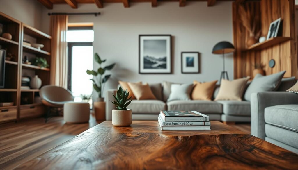 A stylish living room showcasing natural wood decor elements. In the foreground, a beautifully crafted wooden coffee table with a unique grain pattern holds a small potted plant and a stack of design books. In the middle, a cozy sofa adorned with soft cushions in earthy tones sits against a feature wall adorned with wooden accents and framed artwork. To the left, a sleek wooden bookshelf displays rustic decor items and greenery, while a stylish armchair adds personality to the space. The background transitions to large windows allowing warm, natural light to flood the room, creating a welcoming and serene atmosphere. The angle captures the richness of the wood tones and the inviting layout of the living room, emphasizing a harmonious blend of comfort and elegance.