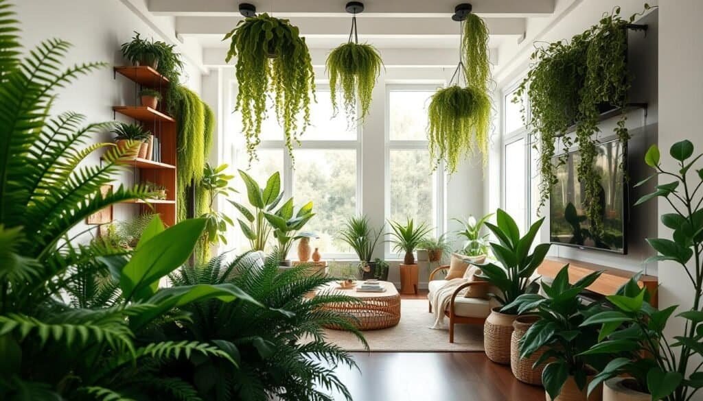 A stylish modern living room featuring floor-to-ceiling plant decor that creates a sense of spatial harmony. In the foreground, a variety of lush green plants like ferns, snake plants, and cascading pothos seamlessly blend with elegant wooden shelving. The middle ground showcases a minimalist, cozy seating area with a neutral-toned sofa and woven decor elements. The background reveals large windows allowing bright, soft sunlight to filter through, casting gentle shadows and highlighting the vibrant greens of the plants. The atmosphere feels airy and inviting, promoting tranquility and balance. The scene is captured with a wide-angle lens to emphasize depth and scale, showcasing the beauty of nature integrated into home design.