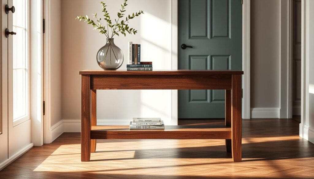 A stylish modern wooden entry table gracefully positioned in a contemporary entryway. The table features clean lines and a rich walnut finish, showcasing its exquisite craftsmanship. On the table, a minimalist vase with fresh greenery adds a touch of life, while a few artfully arranged books create a cozy atmosphere. The background includes a chic wall with soft pastel colors, enhancing the warm ambiance. Natural light pours in from a nearby window, casting gentle shadows and illuminating the wood grain. The scene is captured with a shallow depth of field, emphasizing the table while softly blurring the background. The overall mood is welcoming and sophisticated, perfectly suited for contemporary homes.