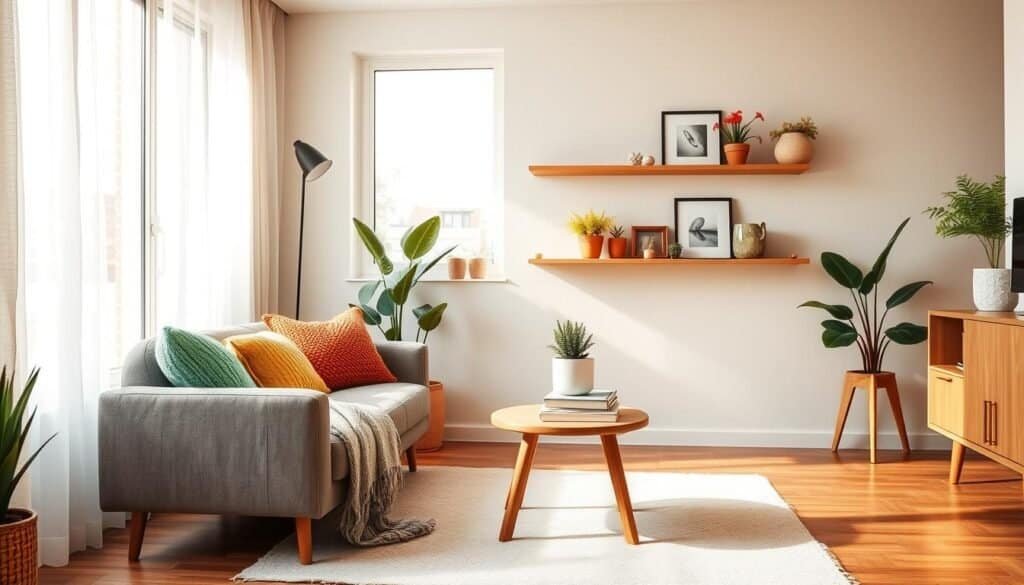 A stylish small living space featuring budget-friendly decor ideas. In the foreground, a cozy corner with a compact, modern sofa adorned with colorful throw pillows and a snug knitted blanket. A small wooden coffee table holds a potted succulent and a stack of books. The middle ground reveals a minimalistic wall shelf displaying vibrant plants and framed artwork, while a soft area rug defines the sitting area. In the background, a large window allows natural light to stream in, accentuating the warm, inviting atmosphere of the room, with sheer curtains gently fluttering. The overall mood is fresh and uplifting, evoking a sense of comfort and creativity, suitable for small apartments. The scene should be captured with a warm tone, using a wide-angle lens to emphasize the space's openness.