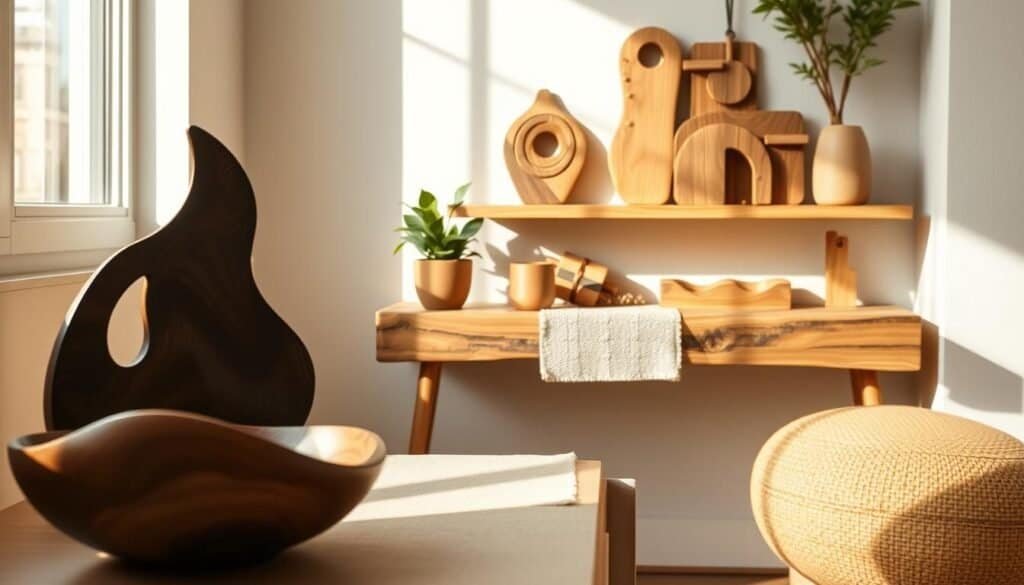 A stylish, well-lit interior scene showcasing a variety of wooden accent pieces. In the foreground, a handcrafted wooden bowl with intricate carvings sits next to a smooth, dark wood sculpture resembling a flowing wave. The middle layer features a rustic wooden side table adorned with a small potted plant and a textured linen runner. Behind the table, a minimalist wooden shelf holds several unique wooden objects, like a geometric pendant and a small frame, all in warm tones. Soft natural light streams in through a nearby window, creating gentle shadows and a cozy atmosphere. The background includes a subtle, neutral wall to emphasize the natural beauty of the wood. The overall mood is inviting and creative, perfect for a home that feels personal and handcrafted.