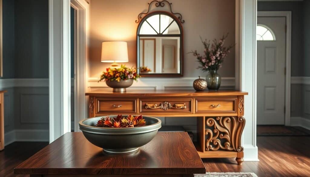 A stylish wooden console table with intricate carvings, showcasing rich, warm tones of oak, stands prominently in an elegant entryway. In the foreground, a decorative bowl filled with seasonal foliage rests atop the table, alongside a tasteful table lamp casting a soft, inviting glow. In the middle ground, a well-organized entry space features a mirror with a sleek frame and a cozy rug underneath, enhancing the visual appeal. The background showcases a welcoming door framed by soft, natural light, creating an atmosphere of warmth and hospitality. Capture this scene with a slight overhead angle to emphasize the textures and details of the woodwork, while ensuring the lighting is soft and inviting, evoking a cozy and stylish entryway ambience. No text or branding in the image.