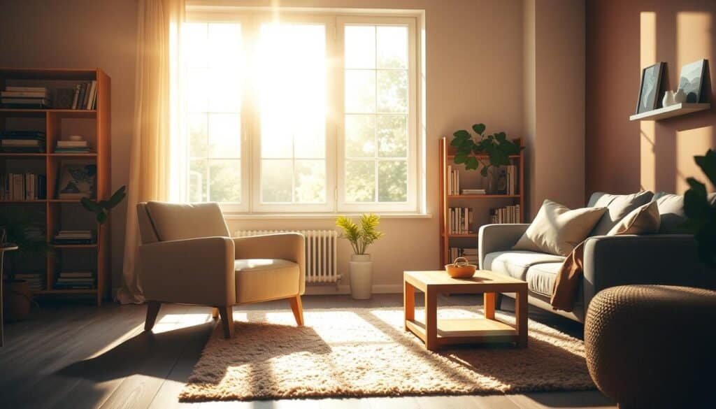 A sun-drenched living room filled with soft, warm natural light streaming through large, airy windows. In the foreground, a cozy, stylish armchair in neutral tones is positioned beside a wooden coffee table adorned with a small potted plant. The middle ground features a plush area rug that complements the furniture, while gently illuminated shelves display an assortment of books and decorative items. The background reveals a wall painted in calming, earthy shades, enhancing the tranquil atmosphere. The light casts gentle shadows, creating a serene ambiance, evoking a sense of peace and rejuvenation. Use a soft focus lens to capture the warmth and inviting nature of the space, emphasizing the interplay of light and materials. The scene should reflect a harmonious blend of comfort and elegance.
