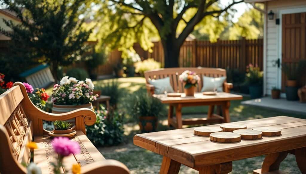 A sun-kissed outdoor space featuring an inviting arrangement of wooden decor pieces. In the foreground, a beautifully crafted wooden bench with a natural finish and intricate carvings sits among vibrant flowers and greenery. To one side, a rustic wooden planter filled with colorful blooming plants adds charm. In the middle ground, a warm-toned wooden table set for an outdoor gathering, displaying simple but elegant wooden coasters and a handmade centerpiece of wildflowers. In the background, gentle sunlight filters through a cluster of trees, casting dappled shadows on the ground, creating a serene and welcoming atmosphere. Capture this scene with a soft focus lens, emphasizing warm colors and textures, while maintaining a slightly elevated angle to showcase the depth of the inviting yard.