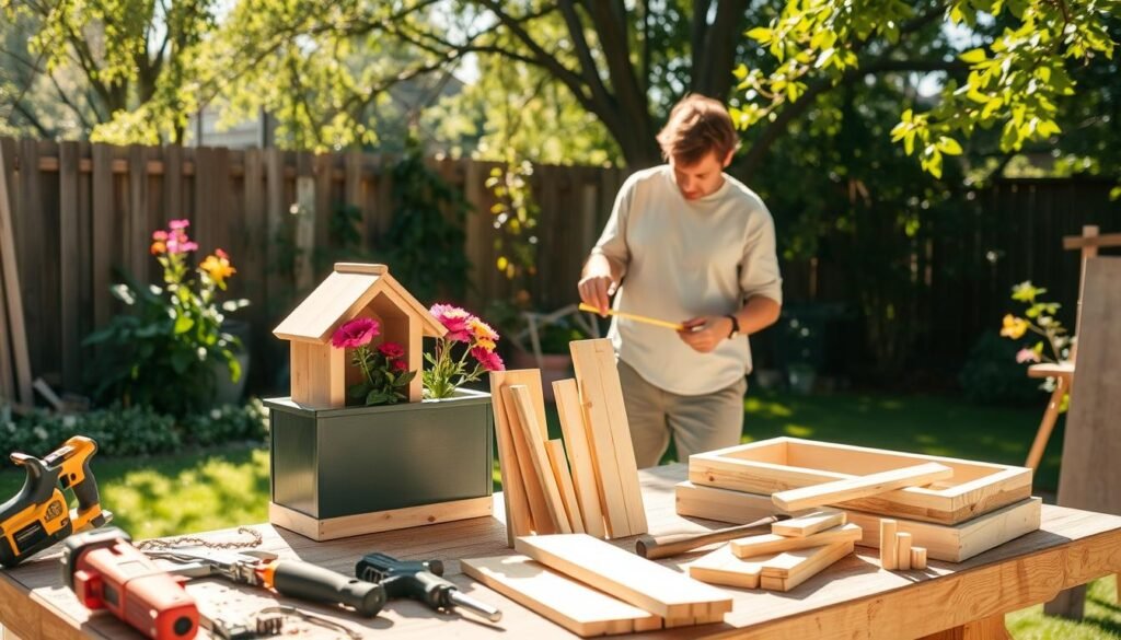 A sunny backyard scene featuring a variety of DIY wood projects in different stages of completion. In the foreground, a sturdy workbench is cluttered with tools like saws, hammers, and wood pieces ready for assembly. A partially built birdhouse stands proudly next to a painted planter box brimming with vibrant flowers. In the middle ground, a person dressed in casual, modest clothing is measuring wood, captured at an angle that highlights their focused expression. The background showcases a beautifully maintained garden with greenery and trees, creating a serene, inviting atmosphere. Soft sunlight filters through the leaves, casting gentle shadows to enhance the scene's warmth and creativity. The overall mood is inspirational and uplifting, encouraging outdoor creativity with wood.
