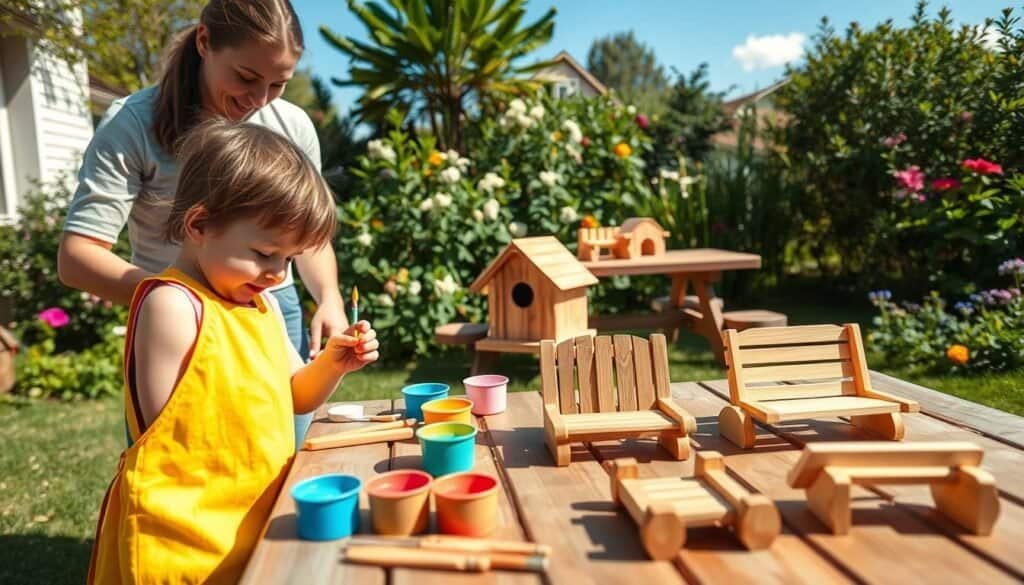 A sunny outdoor scene featuring children and adults engaging in small wooden projects. In the foreground, a young child, wearing a bright apron, is enthusiastically painting a small wooden birdhouse, while an adult, dressed in casual attire, supervises. Wooden tools and colorful paint pots are scattered around. In the middle ground, a picnic table is adorned with various completed wooden crafts, including a small garden bench and a simple toy car, showcasing creativity and family fun. The background features a lush green garden with blooming flowers and a clear blue sky, creating a warm, inviting atmosphere. Soft, natural lighting enhances the scene, giving it a cheerful and inspiring look. The angle is slightly elevated, capturing both the action and the beauty of the outdoor space.