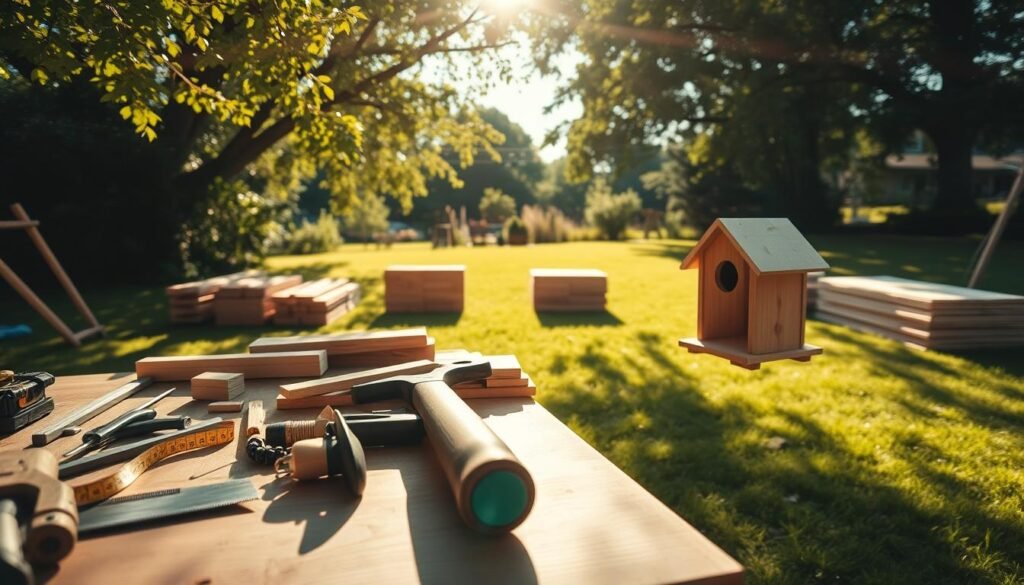 A sunny outdoor scene showcasing a beginner woodworker's workspace. In the foreground, an inviting wooden workbench is cluttered with essential tools: a saw, hammer, measuring tape, and various wooden pieces. A partially constructed birdhouse proudly sits on the side, demonstrating the joy of woodworking. In the middle ground, a few neatly arranged stacks of lumber are visible, while a soft green lawn provides a tranquil backdrop. The atmosphere is bright and cheerful, with golden sunlight filtering through the leaves of nearby trees, creating a warm, inviting glow. The image is captured at a slight angle, providing depth and perspective to the workspace, inviting viewers to feel inspired and ready to create.