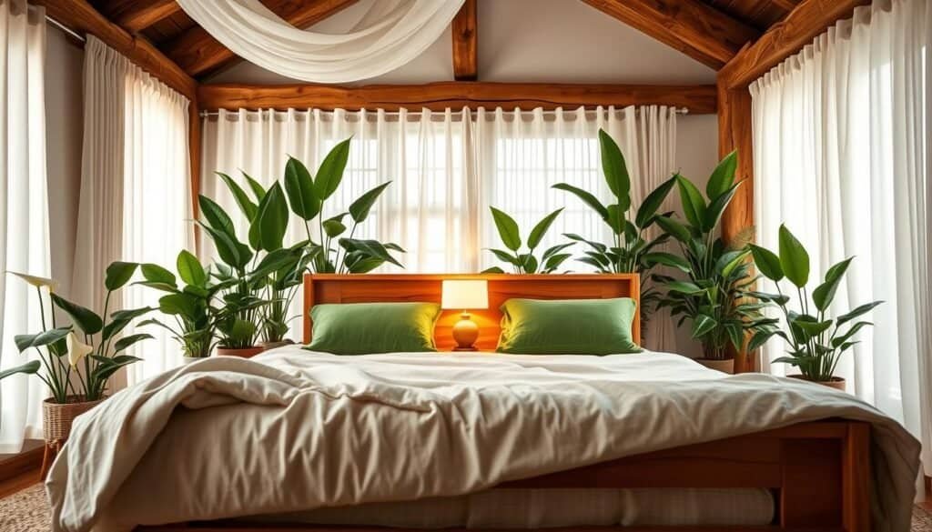 A tranquil bedroom sanctuary showcasing a harmonious blend of greenery and natural wood elements. In the foreground, soft, textured fabrics in calming neutral tones drape over a beautifully crafted wooden bed frame, adorned with lush green pillows. The middle features a wooden nightstand, artfully arranged with a small potted fern and a softly glowing lamp, casting warm, inviting light. Surrounding the space are tall, vibrant houseplants, such as peace lilies and snake plants, accentuating the freshness of the room. In the background, soft, natural light filters through sheer curtains, illuminating the rustic wooden accents on the walls and ceiling beams. The overall atmosphere is serene and rejuvenating, perfect for a calming moment in a peaceful retreat.