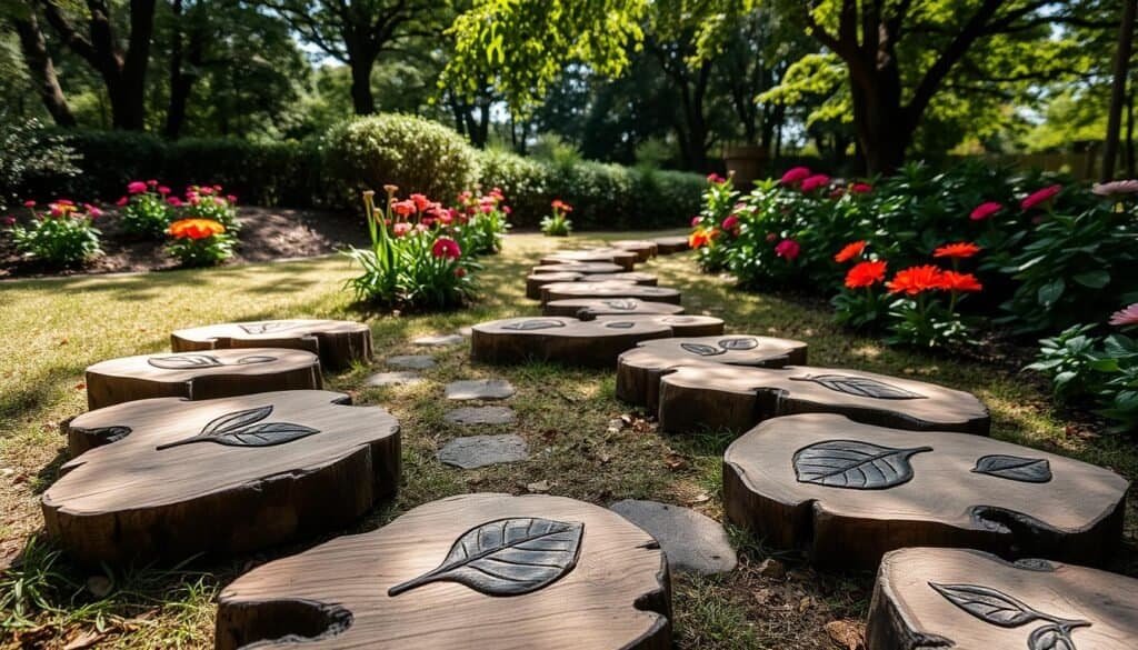 A tranquil garden scene featuring creatively designed wooden stepping stones, each uniquely shaped and intricately carved with natural motifs like leaves and flowers. In the foreground, the stones are arranged along a winding path, showcasing their beautiful textures and earthy tones. The middle ground features lush greenery and vibrant blooming flowers surrounding the path, enhancing the natural aesthetic. In the background, soft sunlight filters through leafy trees, casting gentle shadows and creating a serene atmosphere. The angle is slightly elevated, allowing a clear view of the stepping stones leading deeper into the garden. The overall mood is peaceful and inviting, perfect for a moment of relaxation in a nature-inspired setting.