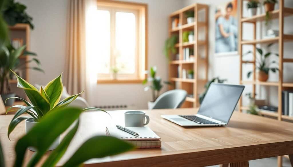 A tranquil home office scene showcasing the perfect blend of greenery and soft wooden elements. In the foreground, a stylish wooden desk adorned with a sleek laptop, a cozy notebook, and a delicate coffee cup. Potted plants, including a snake plant and a small fern, provide a refreshing touch. The middle ground features a large window with natural light streaming in, illuminating the space with a warm glow. In the background, gentle wooden shelves filled with books and more plants create a sense of calm and organization. The overall atmosphere evokes serenity, productivity, and the refreshing essence of nature within the home workspace. The composition is illuminated with soft lighting, captured from a slight angle to emphasize depth and harmony.