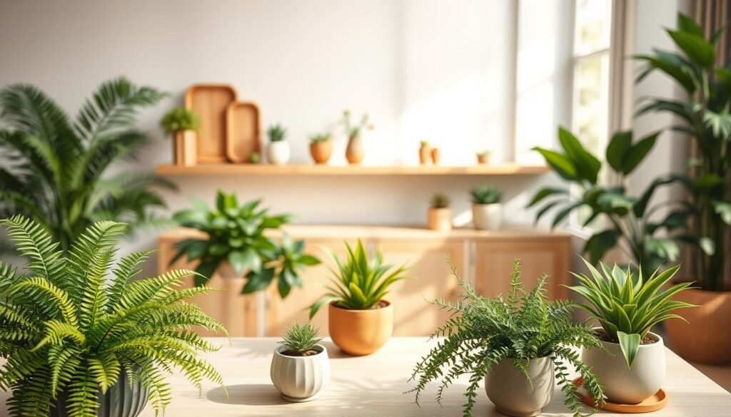 A tranquil indoor scene featuring serene plant arrangements that blend lush green foliage with natural wooden elements. In the foreground, a variety of potted plants, including ferns and succulents, each with unique textures and shades of green, are artistically arranged on a soft, light-colored wooden table. The middle ground showcases a minimalist wooden shelf adorned with small planters and elegant wooden décor pieces, evoking a sense of harmony. In the background, soft daylight streams in through a large window, casting gentle shadows and illuminating the plants, enhancing their vibrant hues. The atmosphere is calm and inviting, with a warm color palette that reinforces a soothing ambiance. The focus is on the natural textures and the overall feeling of tranquility that greenery brings into the home.