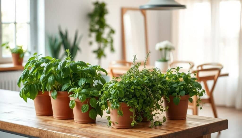 A tranquil kitchen scene filled with lush kitchen plants, including vibrant green herbs like basil, mint, and rosemary, in clay pots. The foreground features a rustic wooden countertop adorned with fresh herbs, while a soft-focus wooden dining table sits in the mid-ground, combining modern design with warm textures. The background showcases a softly lit window with sheer curtains, allowing natural light to wash over the plants, creating a serene atmosphere. The overall mood is calming and inviting, reflecting the harmony between nature and home, with every detail emphasizing the soothing presence of greenery and natural wood elements in a cozy dining area.