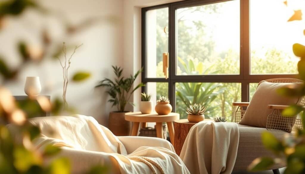 A tranquil living space infused with calming elements, showcasing a minimalist room design that promotes peace and serenity. In the foreground, soft textures of natural fabrics like linen and cotton are draped over a cozy armchair, with a handmade wooden side table adorned with delicate succulents. The middle layer features a subtle display of calming sound-related decor, such as wind chimes and a small fountain, contributing to a soothing auditory experience. The background captures a large window revealing a lush, serene garden bathed in gentle sunlight. Warm, diffused light fills the room, casting soft shadows, while hints of greenery frame the scene, evoking a sense of harmony with nature. The atmosphere is peaceful and inviting, ideal for relaxation and rejuvenation.