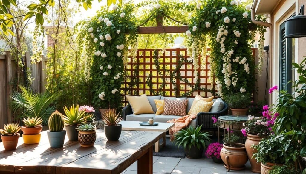 A transformation of a forgotten patio, showcasing a vibrant revival through lush greenery and tasteful decor. In the foreground, a rustic wooden table adorned with potted succulents and flowering plants, bathed in soft sunlight. The middle layer features a cozy seating area with comfortable cushions and bright throws, surrounded by a tapestry of climbing vines and blooming flowers cascading from nearby planters. In the background, a gentle wooden trellis entwined with jasmine creates an inviting focal point. The lighting is bright and airy, filtered through the leaves, creating a warm, rejuvenating atmosphere. The scene conveys a sense of renewal and tranquility, perfect for inspiring a transformation in outdoor spaces.