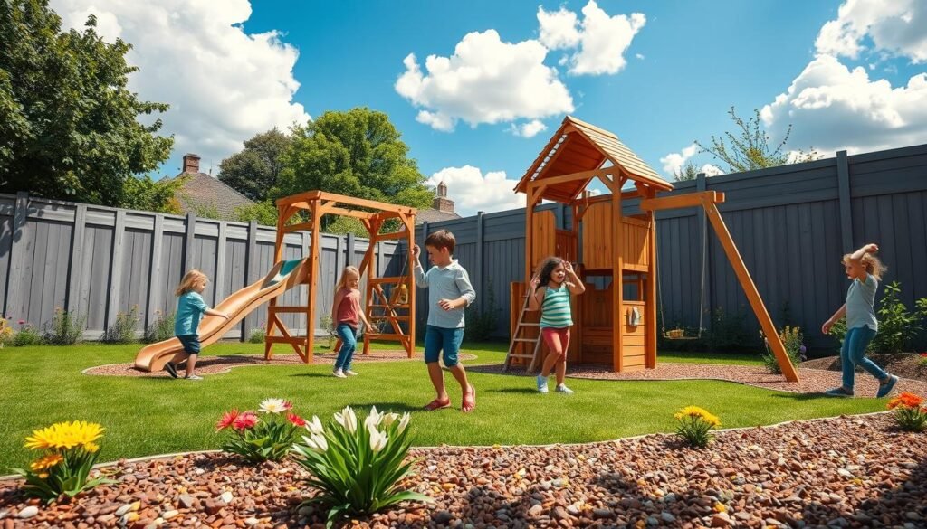 A vibrant DIY home garden wooden play area set in a sunny backyard. In the foreground, a sturdy wooden play structure with a climbing frame, slide, and swings, surrounded by soft, colorful garden mulch. Children clad in modest casual clothing joyfully play and interact, illustrating a fun family environment. In the middle ground, lush green grass punctuated by flower beds with bright, blooming flowers adds a lively touch. In the background, a clear blue sky with fluffy white clouds enhances the cheerful atmosphere. The scene is softly illuminated by warm sunlight, accentuating the natural wood grain of the play structure. A slight wide-angle perspective captures the beauty of the space, evoking a sense of playful adventure and creativity.