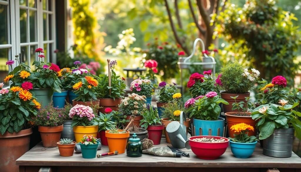 A vibrant container garden flourishing in a cozy outdoor nook. In the foreground, a diverse array of colorful pots filled with blooming flowers, lush herbs, and vibrant foliage, showcasing various textures and shapes. The middle ground features a rustic wooden table adorned with gardening tools, small decorative accents, and a watering can, evoking a sense of care and nurturing. In the background, a soft-focus of greenery and trees filters soft, natural sunlight, creating an airy, inviting atmosphere. The composition captures a perspective from eye level, allowing viewers to feel immersed in the scene, embodying tranquility and life, perfect for rejuvenating any forgotten outdoor space.