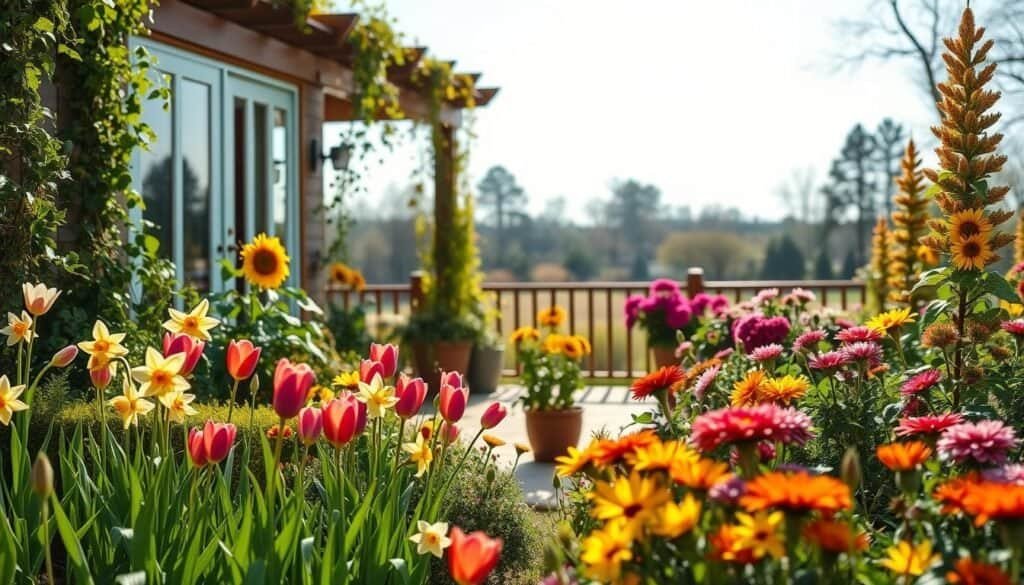 A vibrant garden scene featuring seasonal outdoor plants, showcasing a mix of colorful flowers, lush green foliage, and strategically placed potted plants. In the foreground, delicate spring blooms like tulips and daffodils emerge alongside bright summer sunflowers and autumn-hued chrysanthemums. The middle ground features a charming wooden patio adorned with climbing vines and herbs, inviting a sense of warmth and liveliness. In the background, a soft-focus view of distant trees and a clear, blue sky creates an open, airy atmosphere. The light is bright and natural, capturing the golden glow of soft sunlight filtering through the leaves, evoking a feeling of rejuvenation and serenity. The composition should be framed from a slightly elevated angle, showcasing the richness and diversity of the seasonal plants in full bloom.