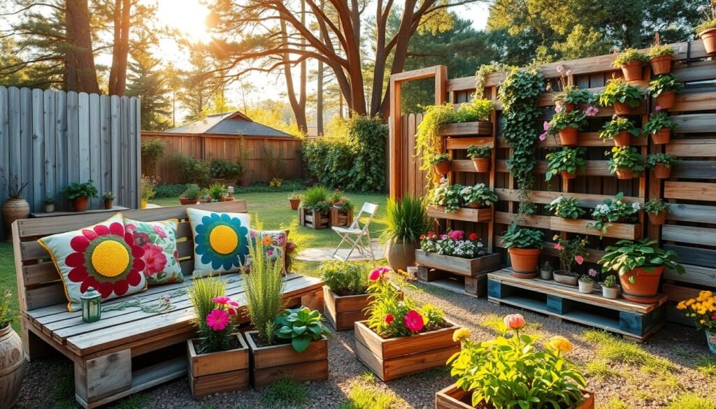 A vibrant garden scene showcasing a creative transformation using upcycled wooden pallets. In the foreground, a beautifully arranged pallet bench adorned with colorful, flowering cushions invites relaxation. Surrounding it are small planters made from pallets, filled with lush herbs and bright flowers. The middle ground features vertical pallet gardens flourishing with climbing vines and cascading plants against a rustic fence. In the background, a serene outdoor space is bathed in warm, golden sunlight, with tall trees providing a gentle shade. Capture this scene with a wide-angle lens to enhance the depth, showcasing the harmonious blend of nature and craftsmanship. The mood is cheerful and inviting, embodying the spirit of sustainability in home gardening.
