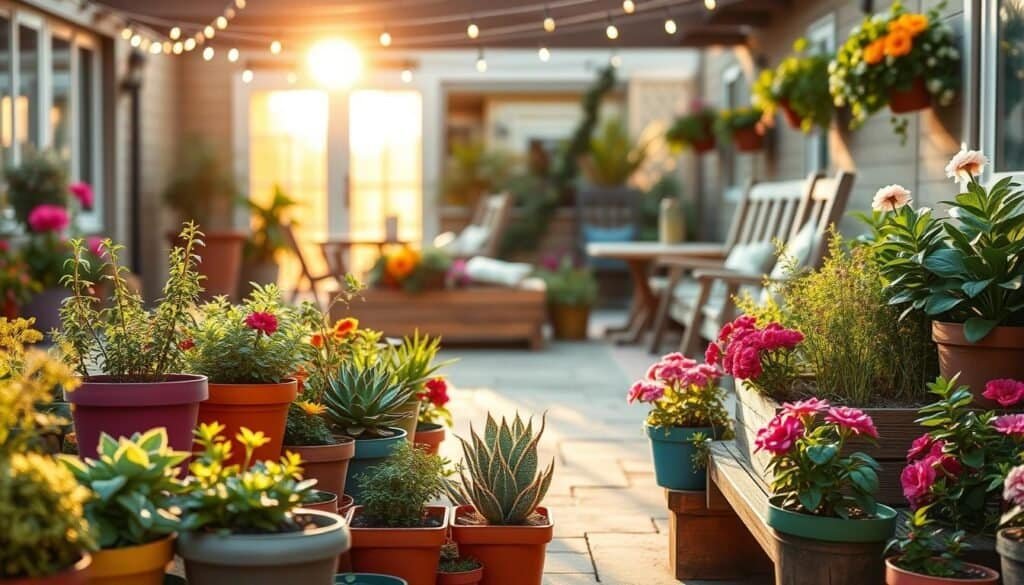 A vibrant outdoor space featuring budget-friendly plant solutions, showcasing an inviting scene. In the foreground, a variety of lush potted plants in colorful containers, including herbs, succulents, and flowering plants, arranged on rustic wooden benches. The middle ground highlights a fantasy garden with reclaimed wood planters filled with vibrant blooms and greenery. The background reveals a softly blurred patio adorned with fairy lights and natural wood furniture, bathed in warm, golden hour sunlight. The atmosphere is cheerful and revitalizing, capturing the essence of a rejuvenated outdoor space. Use a wide-angle lens to emphasize the depth, with crisp details and a focus on the plants. Aim for bright, natural lighting to create an airy and inviting ambiance.
