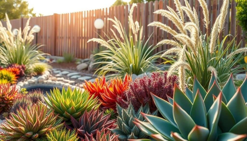 A vibrant scene showcasing a variety of drought-tolerant plants in a picturesque outdoor space, designed to evoke a sense of revival and rejuvenation. In the foreground, include colorful succulents and agave plants with intricate textures and patterns. The middle ground features ornamental grasses gently swaying in a soft breeze, creating a lively contrast. The background is adorned with a simple, rustic wooden fence and scattered natural stones, suggesting a peaceful garden setting. Bathed in bright, soft sunlight that filters through wispy clouds, the scene conveys a warm, inviting atmosphere. The image should be well-composed, capturing the details of the plants and their surroundings, inviting viewers to imagine their own outdoor transformation.