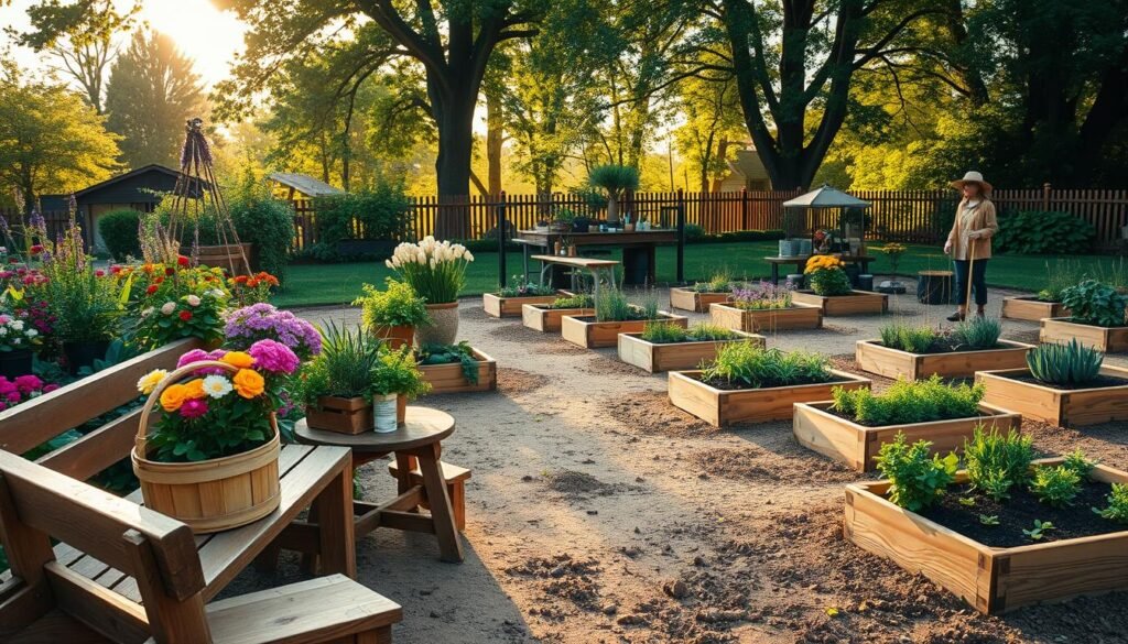 A vibrant seasonal garden brimming with colorful flowers, lush greenery, and wooden planters, inviting a sense of tranquility. In the foreground, a rustic wooden bench holds a basket filled with freshly cut flowers, while nearby, a small potting table displays soil, gardening tools, and seedlings waiting to be planted. The middle ground features various raised garden beds, where vegetables and herbs grow in abundant soil, interspersed with decorative wood edging. In the background, tall trees and a gentle fence frame the scene, bathed in warm, golden hour sunlight filtering through the leaves, creating soft shadows. The overall atmosphere is serene and inspiring, evoking a desire to reconnect with nature and the joy of seasonal gardening projects.