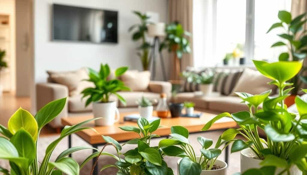 A visually appealing arrangement of low-maintenance plants ideal for beginners, set in a cozy, well-lit living room. In the foreground, showcase vibrant green snake plants and pothos with simple, modern pots, adding a touch of freshness. The middle layer features a stylish wooden table with a few scattered gardening tools, reflecting a casual but organized atmosphere. In the background, a large window lets in soft, natural light, illuminating the space and enhancing the plants' lush colors. The mood is calming and inviting, perfect for creating a serene environment. Use a warm color palette to evoke comfort, capturing a close-up shot with a shallow depth of field to emphasize the details of the plants. Avoid any text or overlays.
