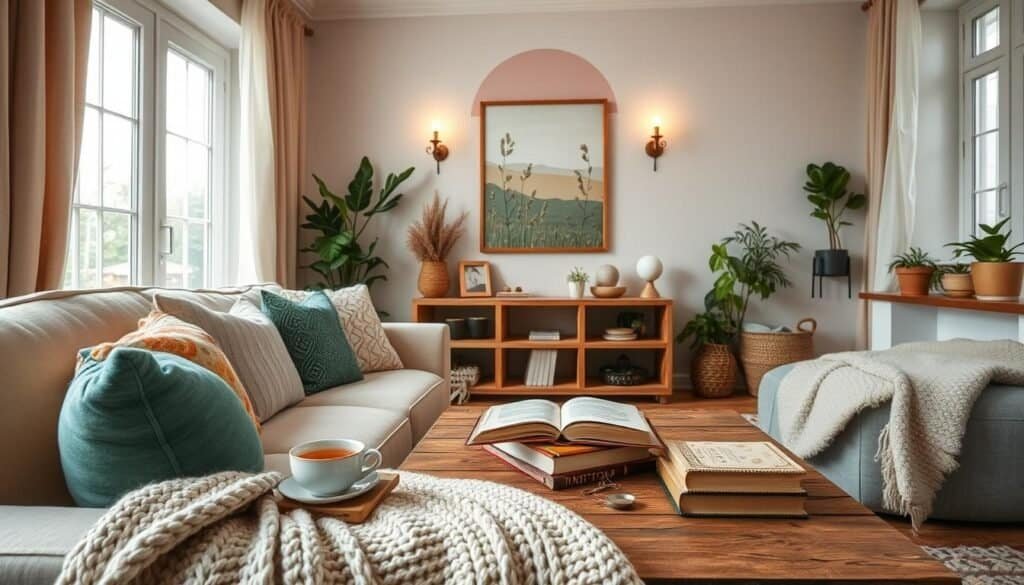 A warm and inviting budget-friendly cozy home transformation scene, featuring a beautifully decorated living room. In the foreground, a plush, neutral-toned sofa adorned with colorful throw pillows and a soft knit blanket. A rustic wooden coffee table holds a steaming cup of herbal tea and a stack of well-worn books. In the middle, a hand-painted accent wall in pastel shades complements nature-inspired artwork. Comfortable, chic lighting from vintage-style sconces casts a soft glow, enhancing the atmosphere. The background reveals large windows with sheer curtains allowing natural light to fill the space, highlighting indoor plants placed on a nearby shelf. The overall mood is serene, inviting, and homey, perfect for relaxation and calm.