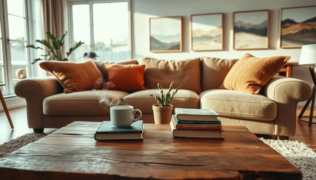 A warm and inviting cozy living room featuring a plush, oversized sofa adorned with textured cushions in earth tones. In the foreground, a rustic wooden coffee table holds a steaming mug and a stack of well-loved books. The middle ground showcases a soft area rug beneath the table and a potted plant that adds a touch of greenery. On the walls, art pieces of abstract landscapes are tastefully arranged. In the background, large windows allow natural light to stream in, casting a gentle glow throughout the space. The soft, warm lighting creates an intimate atmosphere, perfect for conversations. The scene captures a sense of comfort, relaxation, and welcoming ambiance in a modern home setting.
