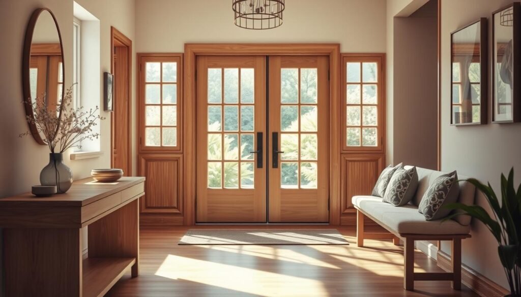 A warm and inviting entryway featuring gentle wood accents that evoke a sense of calm and welcome. In the foreground, a stylish console table made of natural wood is adorned with a minimalist vase of fresh flowers. The middle ground showcases a cozy seating area with a plush bench and decorative pillows, illuminated by soft, natural light streaming through a nearby window. In the background, a set of welcoming double doors with frosted glass panes opens to a lush garden, enhancing the tranquility. Use a slightly elevated angle to capture the depth of the space, focusing on warm earth tones and subtle textures. The overall atmosphere should be serene and inviting, reflecting a thoughtful design that encourages positive first impressions.