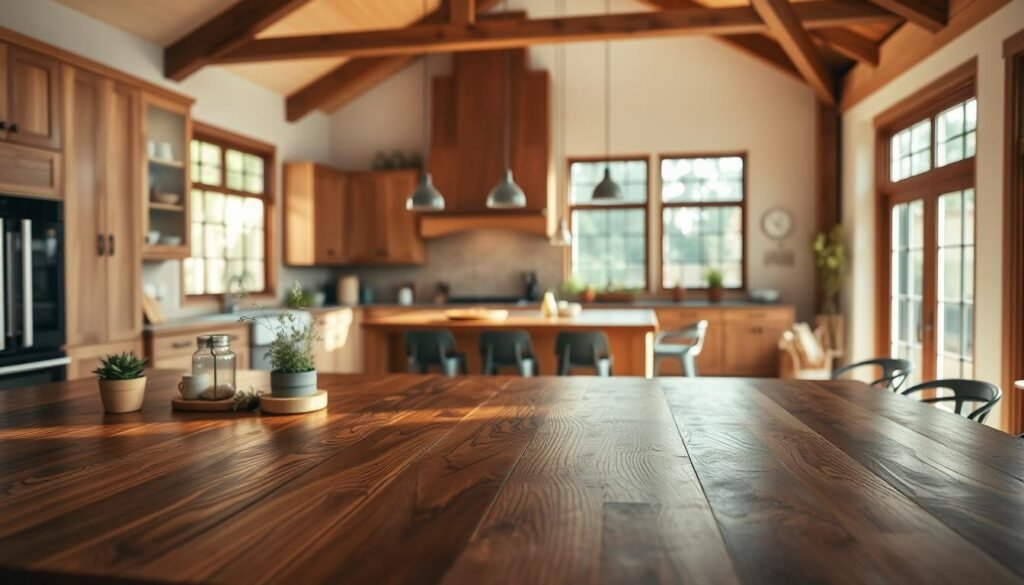 A warm and inviting kitchen scene featuring elegant wood countertop accents and a beautifully crafted island. In the foreground, showcase a rich, dark wood countertop with intricate grain patterns, complemented by tasteful decorative items like small potted herbs and stylish utensils. The middle ground highlights an expansive kitchen island with a smooth wood finish, surrounded by modern bar stools. In the background, soft natural light filters through large windows, enhancing the warm tones of the cabinetry and the rustic charm of exposed wooden beams above. Capture a cozy atmosphere with a slight farmer's market-inspired vibe, emphasizing the connection to nature. The overall mood should feel welcoming and homely, inviting viewers to envision themselves in this stylish kitchen setting.