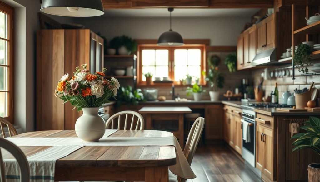 A warm and inviting kitchen scene featuring modern rustic decor. In the foreground, a wooden dining table adorned with a soft cream tablecloth, paired with mismatched vintage chairs. On the table, a ceramic vase filled with fresh flowers adds a touch of color. In the middle ground, a cozy kitchen space with wooden cabinets, open shelving displaying charming dishware, and a wooden accent wall that exudes warmth. A large window allows natural light to flood the room, highlighting the rich textures of the wood. Green plants in the corners bring life to the space. The background features a well-organized countertop with hints of culinary tools and ingredients. The atmosphere feels intimate and welcoming, inviting one to relax and enjoy the space. The scene is captured with soft, diffused lighting, emphasizing the homely ambiance.