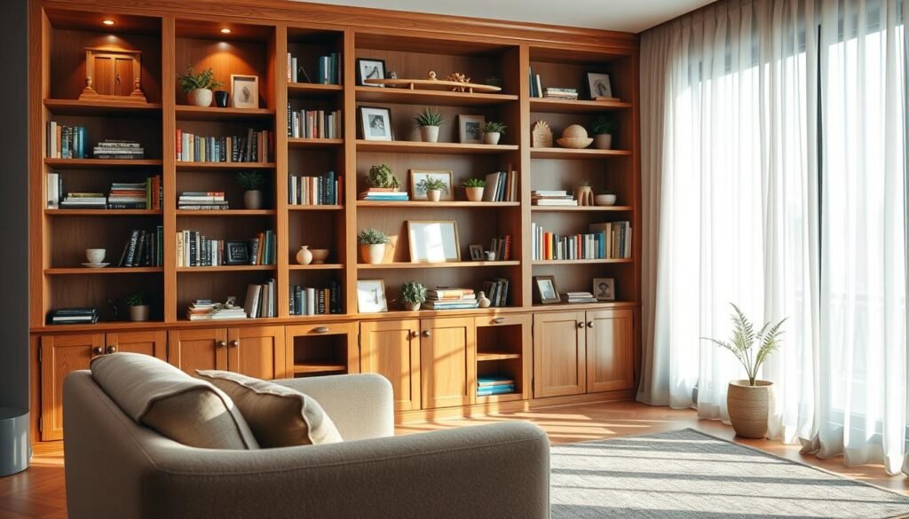 A warm and inviting living room featuring a beautifully crafted wooden bookshelf as the focal point. The bookshelf is made from rich oak, showcasing intricate grain patterns and a polished finish, filled with an assortment of colorful books and decorative items like potted plants and framed photos. In the foreground, a plush, cozy armchair in muted tones complements the shelves. The middle ground highlights the bookshelf, with soft ambient lighting creating a serene atmosphere, while sunlight filters through sheer curtains in the background, casting gentle shadows. A stylish rug anchors the scene, enhancing the cozy vibe. The overall mood is welcoming and homely, perfect for illustrating functional warmth in home décor.