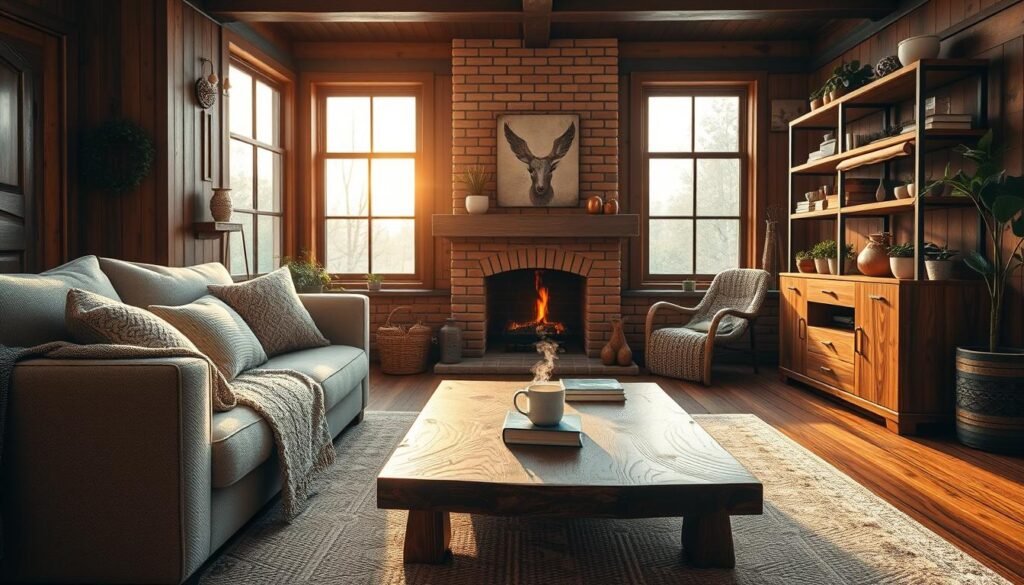 A warm and inviting living room featuring rich wooden interior design elements. In the foreground, a plush, neutral-toned sofa adorned with textured cushions and a soft throw blanket. A handcrafted wooden coffee table sits on a cozy area rug, displaying a steaming mug and a few scattered books. In the middle ground, a brick fireplace with a subtle glow emanates warmth, surrounded by wooden shelves filled with greenery and decorative items. The background reveals large windows allowing golden hour sunlight to pour through, illuminating the room and casting gentle shadows. The atmosphere is serene and inviting, perfect for relaxation and comfort. The image showcases realistic home décor with no overlays, logos, or text, emphasizing the perfect blend of comfort and natural wood aesthetics.