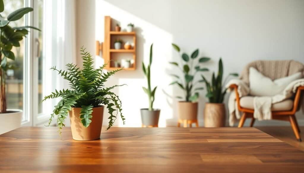 A warm and inviting living room setting featuring beautiful plant and wood pairings. In the foreground, a lush green potted fern elegantly placed on a mid-century modern wooden coffee table with rich brown tones. In the middle, a tall snake plant beside a handcrafted wooden shelf displaying curated pots of succulents, all against a backdrop of creamy white walls. Soft natural light streams through a large window, creating gentle shadows that enhance the texture of the wood grain. In the background, hints of a cozy armchair with a knitted throw add to the comforting atmosphere. Lens focused for depth, capturing the harmonious blend of nature and craftsmanship, evoking a sense of tranquility and connection to nature indoors.