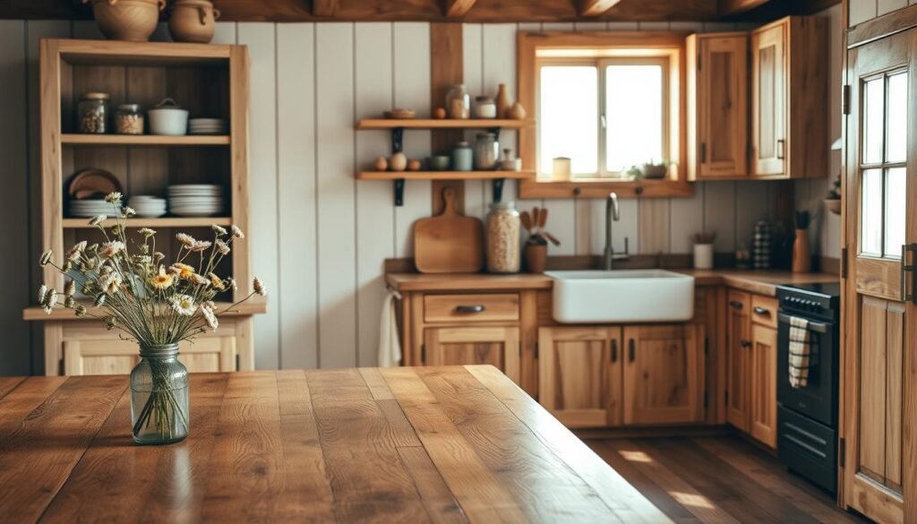 A warm and inviting rustic kitchen filled with natural wood accents. In the foreground, a handcrafted wooden dining table with a distressed finish, adorned with a simple vase of wildflowers. In the middle, open shelves displaying vintage kitchenware and mason jars filled with grains, complemented by a wooden island featuring a farmhouse sink. In the background, soft natural light filters through a window, casting gentle shadows and highlighting the grain of reclaimed wood cabinets. The atmosphere is cozy and inviting, with the earthy tones of wood and the warmth of home-cooked meals creating a welcoming vibe. Capture the scene from a slightly elevated angle to showcase the layout and details of this rustic kitchen decor.