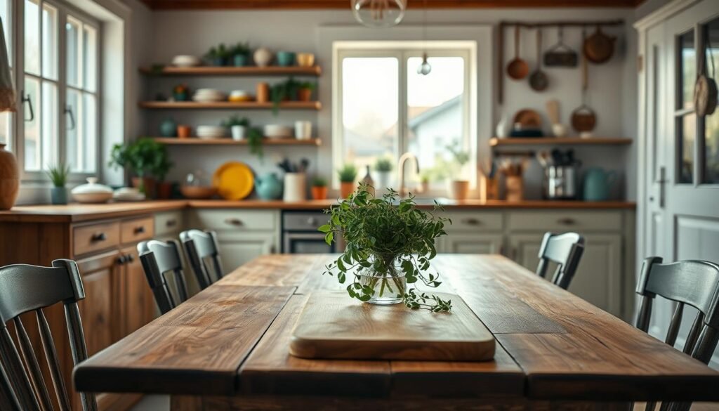 A warm, cozy kitchen featuring a rustic wooden dining table surrounded by mismatched chairs, bathed in soft, natural light streaming through a large window. In the foreground, a wooden cutting board and a vase of freshly picked herbs rest on the table, creating an inviting atmosphere. The middle ground showcases open shelves filled with colorful dishware and potted plants, adding touch of greenery and personality. The background reveals softly painted cabinetry and vintage kitchen utensils hanging, enhancing the homey feel. Capture the scene from a slightly elevated angle to emphasize the table's details, with a shallow depth of field that softly blurs the background, creating a tranquil, inviting ambiance. The overall mood should evoke warmth, comfort, and the charm of a real home.