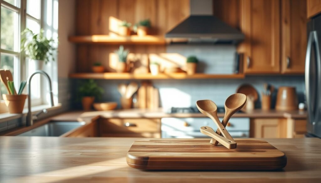 A warm, inviting kitchen featuring budget-friendly wood accents to create a cozy atmosphere. In the foreground, showcase a rustic wooden cutting board and a set of wooden utensils neatly arranged on a kitchen counter. The middle ground should include a shelf adorned with simple wooden decor items, such as small plants in wooden pots and a few neatly stacked cookbooks with wooden bookends. In the background, have natural light streaming in through a window, illuminating the space and highlighting the warm wood tones of cabinets and countertops. The mood is tranquil and homey, with soft shadows enhancing the warmth. Use a soft focus lens to add a touch of depth, capturing the comforting essence of a well-styled kitchen.