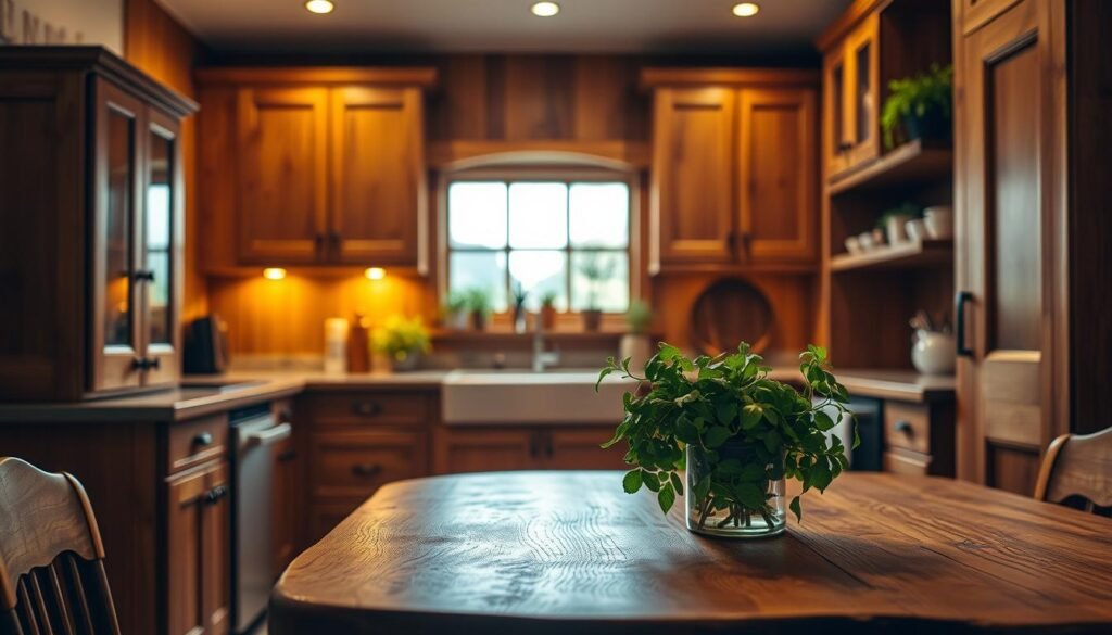 A warm, inviting kitchen scene featuring rich wood accents. In the foreground, a rustic wooden dining table is set for a cozy meal, adorned with a simple vase of fresh herbs. The middle ground showcases beautifully crafted wooden cabinetry, with soft, ambient lighting casting a golden hue across the surfaces. In the background, a window allows natural light to stream in, illuminating the warm tones of the wood. A few potted plants add a touch of greenery, enhancing the inviting atmosphere. The overall mood is serene and homely, suggesting comfort and warmth. The image should be captured in a slightly elevated angle, focusing on the interplay of light and shadow on the wood textures.