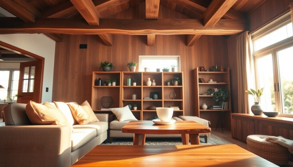 A warm, inviting living room featuring natural wood elements, such as a polished oak coffee table and exposed wooden beams on the ceiling. The foreground showcases a cozy sofa adorned with earthy-toned cushions, creating a comfortable seating area. In the middle, a large window allows soft, golden sunlight to filter in, illuminating the rich grains of the wood and casting gentle shadows across the space. The background reveals a tasteful bookshelf made of reclaimed wood, filled with plants and decorative items that enhance the natural theme. The overall atmosphere is tranquil and harmonious, evoking a sense of relaxation and connection to nature, with a focus on the beauty of natural wood decor. The image should be captured in soft natural lighting to enhance the warmth and depth of the wood tones, with a slightly angled perspective to capture the room's inviting layout.