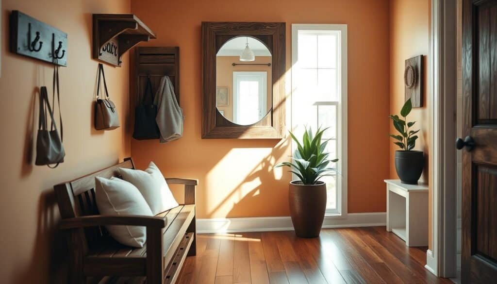 A welcoming entryway scene showcasing an elegant transformation using wooden elements. In the foreground, a beautifully crafted wooden bench adorned with plush cushions sets a cozy tone. Above the bench, a stylish wooden wall rack with hooks displays hats and bags. In the middle, a large rustic mirror framed in reclaimed wood reflects soft, natural light streaming in through a nearby window. To the right, a potted plant adds a touch of greenery, enhancing the inviting atmosphere. The background features a warm, welcoming paint color that complements the wood, and floorboards made of rich hardwood, creating a harmonious space. The overall mood is serene and inviting, perfect for creating a sense of home. Capture this scene with a soft-focus lens, emphasizing the textures of the wood and the play of light throughout the entryway.