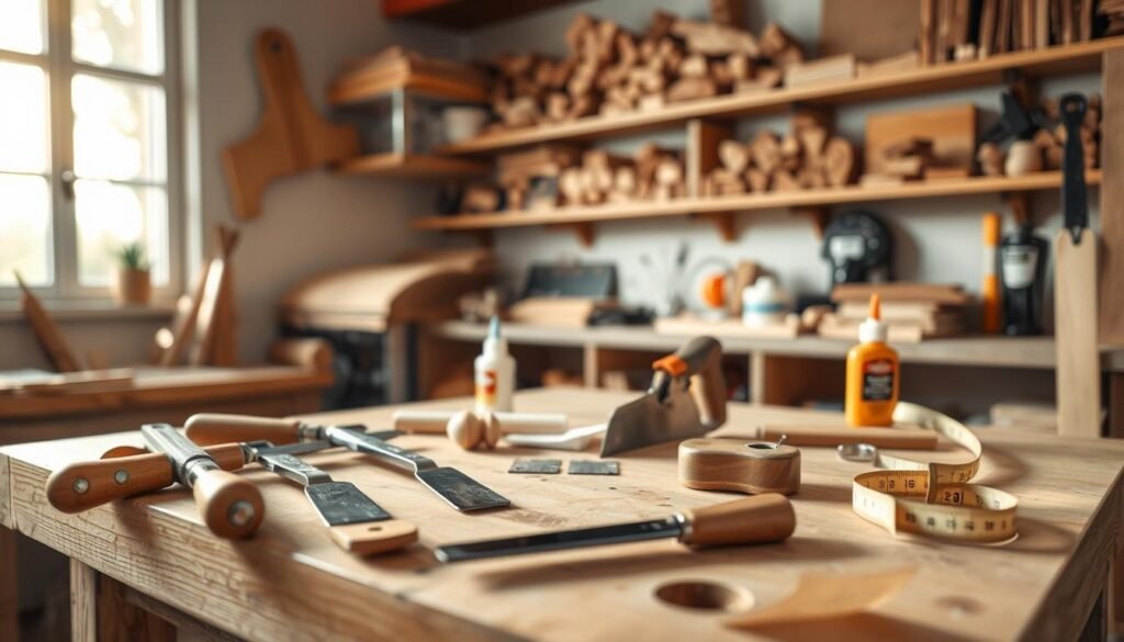 A well-arranged workspace showcasing essential woodworking tools for beginners: a sturdy wooden workbench, a set of chisels, a handsaw, sandpaper, wood glue, and a measuring tape. In the foreground, the tools are neatly placed on the bench, with light reflecting off their polished surfaces, accentuating their details. In the middle, soft natural light filters through a nearby window, casting gentle shadows that create an inviting ambiance. In the background, shelves display various types of wood and additional tools, adding depth to the scene. The overall atmosphere is warm and encouraging, inspiring creativity and hands-on craftsmanship. The image is captured with a shallow depth of field to emphasize the tools, giving it a realistic home décor feel.