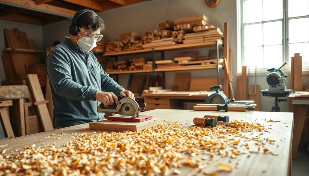 A well-lit woodworking workshop filled with vibrant wood shavings scattered on a clean, organized workbench. In the foreground, a person wearing a safety mask and goggles is carefully using a hand saw on a piece of oak wood, clad in modest casual clothing. The middle layer features various woodworking tools neatly arranged, including clamps, chisels, and a circular saw, emphasizing the importance of safe tool usage. In the background, shelves lined with lumber and a window allowing soft, natural light to filter in create a warm, inviting atmosphere. The overall mood reflects a focus on safety and creativity, highlighting a serene yet productive environment for woodworking projects.